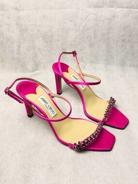 Jimmy Choo Meira 85 Sandals Pink Satin Crystal Embellished